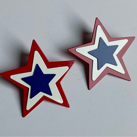 Star Earrings Patriotic Metal Red White & Blue 2” Across 4th Of July Jewelry - Picture 8 of 11